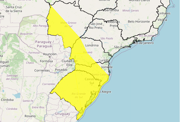 Região Sul do Brasil e sudoeste de Mato Grosso do Sul têm alerta amarelo para tempestade