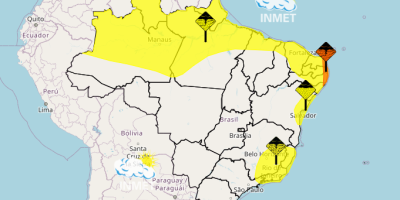 Inmet emite alertas de chuva para áreas do Sudeste, Nordeste e Norte do Brasil
