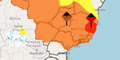 Alerta vermelho para acumulado de chuvas entre o Espírito Santo, sul da Bahia e parte de Minas Gerais