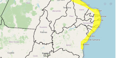 Inmet alerta para grande acumulado de chuva no litoral do Nordeste na próxima semana