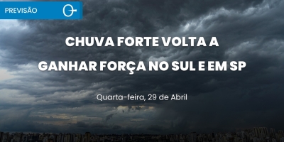 Previsão do tempo: chuva forte no Sul e volta a SP quarta 29/04/2026
