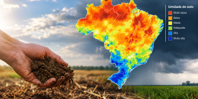 Umidade do solo segue baixa no Centro-Oeste, Norte e Matopiba, enquanto Sul mantém áreas encharcadas