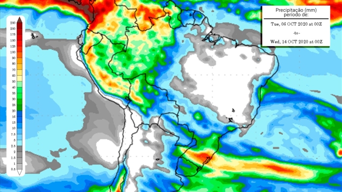 Mapas mostram sinais de mudanças no clima para a segunda quinzena de outubro com volta das chuvas para o Centro-Oeste e Sudeste