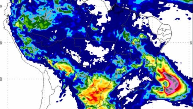 Muita chuva com descarga elétrica no MS, frente fria no sul e tempestade tropical Mani no Sudeste