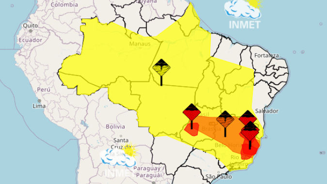 Inmet emite alerta vermelho para acumulado de chuva em áreas de Minas Gerais, Espírito Santo e Goiás