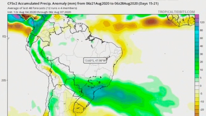 Mapas apontam chuvas na região central do país na segunda quinzena de agosto, diz INMET