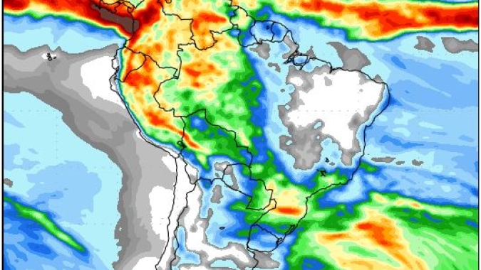 Atualização do NOAA mostra retorno das chuvas para o Paraná e formação de corredor de umidade no Centro-Oeste