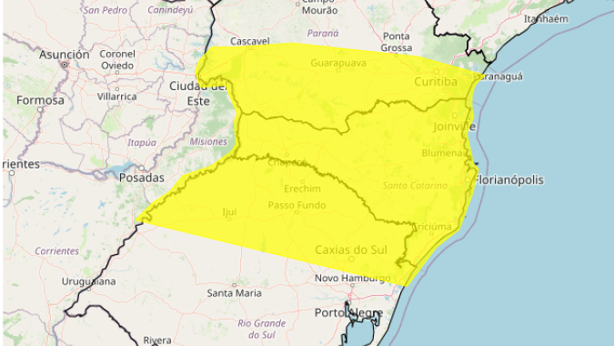 Alerta de tempestade segue entre esta quinta e sexta-feira do norte do Rio Grande do Sul ao sul do Paraná