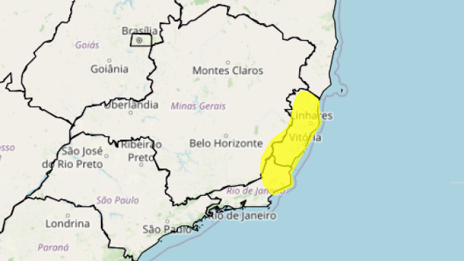 Chuva e ventos intensos podem ocorrer sobre o norte do Rio de Janeiro e o Espírito Santo