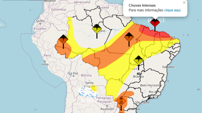 Inmet: Área do nordeste do Pará até o norte do Ceará tem alerta de grande perigo para chuvas intensas