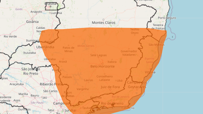 Inmet emite alerta laranja para tempestades sobre grande parte de Minas Gerais, Rio de Janeiro e Espírito Santos
