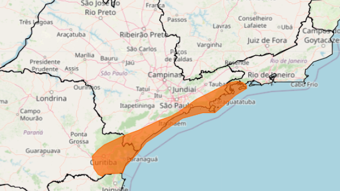 Acumulados de chuva podem chegar a 100 mm nos litorais de Paraná, São Paulo e Rio de Janeiro