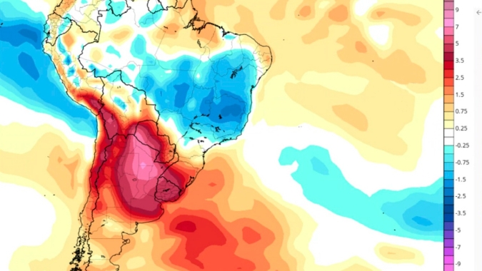Mapa mostra Brasil dividido com atuação de 2 massas diferentes promovendo calor no Sul e frio no Sudeste e parte do Centro-Oeste