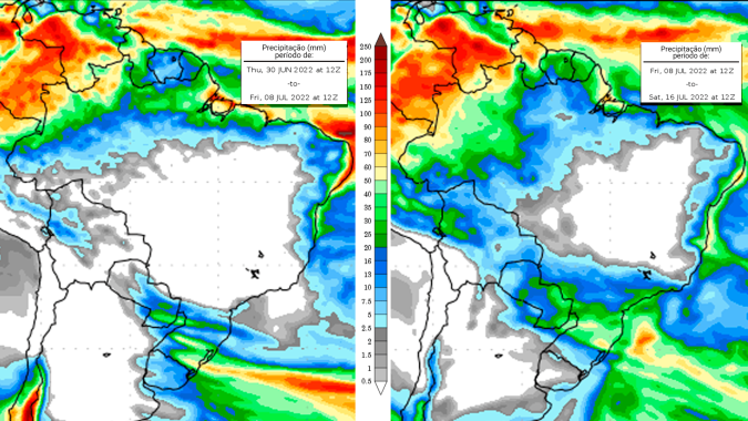 Chuvas significativas se concentram apenas na região Norte e parte do Nordeste, nas demais regiões, clima seco  pelos próximos 15 dias