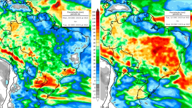 Mapas mostram continuidade das chuvas na faixa centro norte do país com diminuição da irregularidade no Matopiba na segunda quinzena
