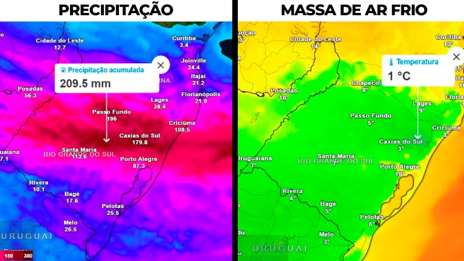 Previsão de chuvas fortes para o RS durante o final de semana; massa de ar frio derruba temperaturas com potencial de geadas na próxima semana