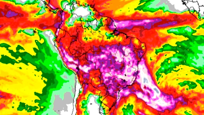 Semana de muita chuva em grande parte do país com frente fria e formação de ZCAS, apenas os extremos ficam fora da área chuvosa