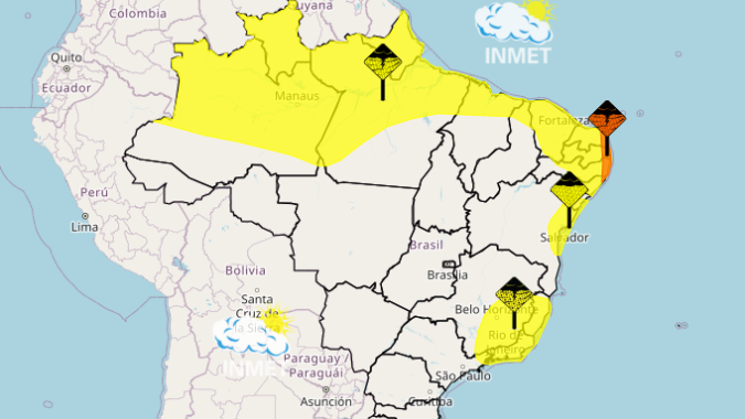 Inmet emite alertas de chuva para áreas do Sudeste, Nordeste e Norte do Brasil