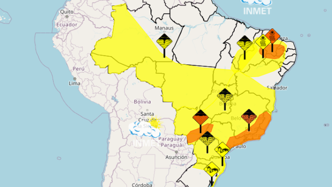 Alertas do Inmet para tempestade vão desde o Sul até as regiões Norte e Nordeste