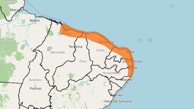 Litoral do Nordeste tem alerta de perigo para chuvas intensas neste sábado (09)