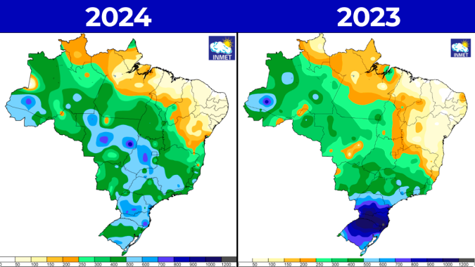 Monitoramento do Inmet mostra acumulado de chuva mais abrangente e regular sobre o Brasil na comparação com 2023