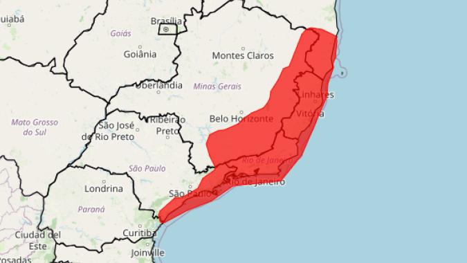 Alerta vermelho para chuvas sobre áreas do Sudeste segue ao menos até 6ª feira (27)