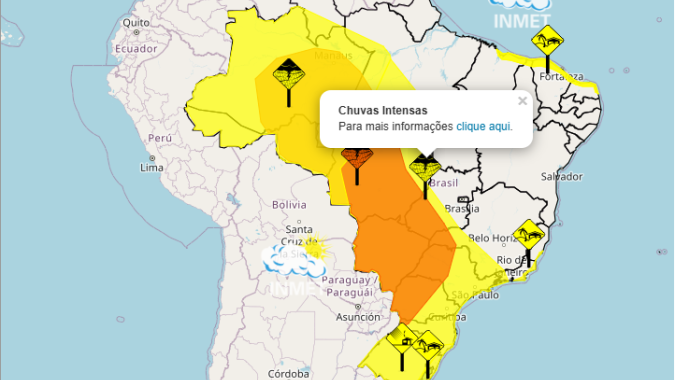 Inmet emite alertas de chuvas intensas para amplas áreas do Centro-Sul e Norte do país