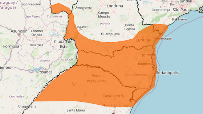Alerta laranja para tempestade abrange áreas do sul do Brasil nesta terça-feira (30)