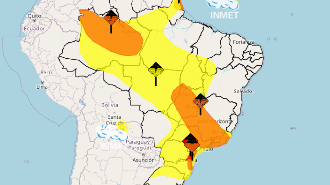Inmet prevê chuvas intensas e tempestades em grande parte do Brasil nesta quarta-feira (31)