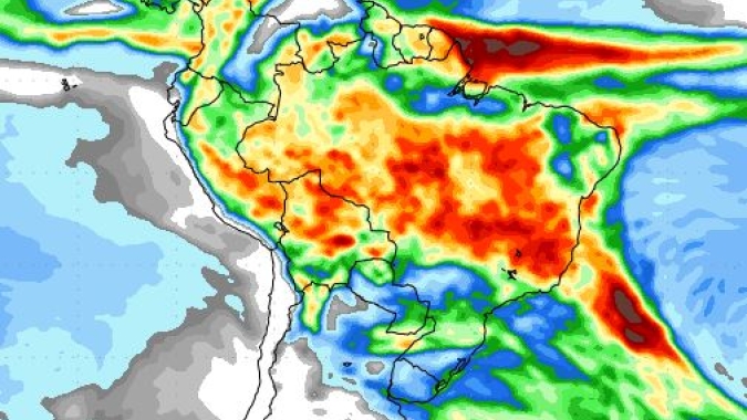 Previsão do NOAA indica mais 15 dias de boas chuvas apenas no Centro-Norte do Brasil