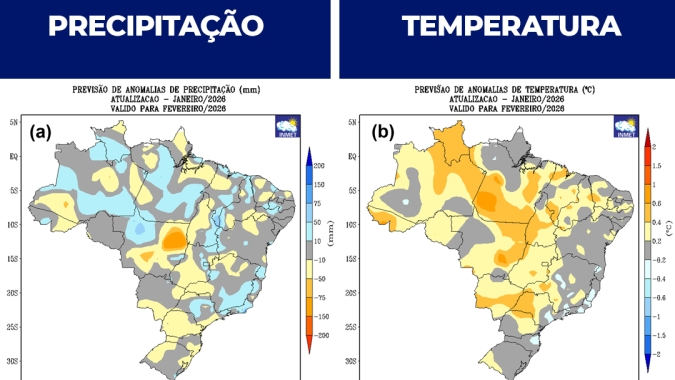 Previsão do Inmet para fevereiro indica chuvas acima da média no Norte e Sudeste