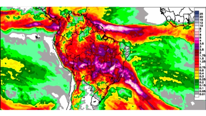 Chuvas podem ultrapassar os 200mm em  áreas do Centro-Norte do Brasil nos próximos dias; estiagem no Sul