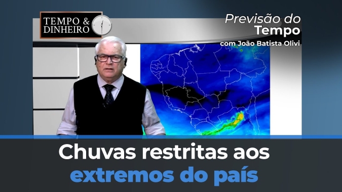 Chuvas restritas aos extremos do país e umidade em baixa na região Central.