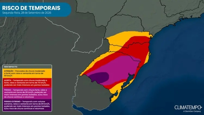 Tempestades se espalham sobre o Sul do Brasil nesta segunda-feira
