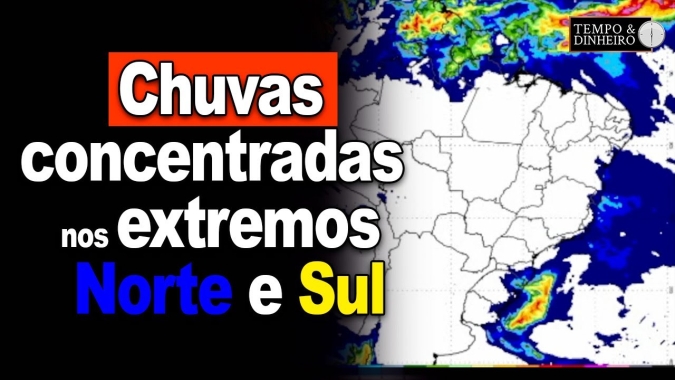 Previsão mostra chuvas concentradas nos extremos Norte e Sul e Brasil central seco