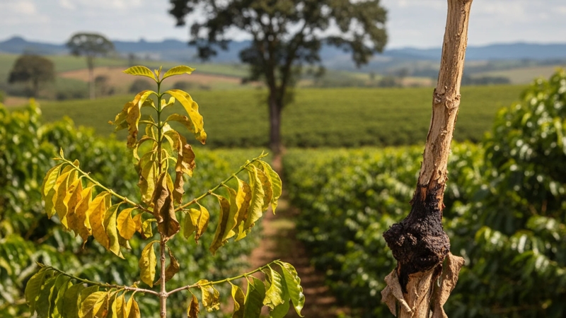 Cafeeiros atacados por fusariose - folhas amareladas