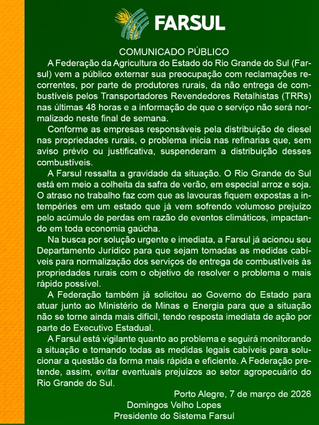 Comunicado Farsul - Diese