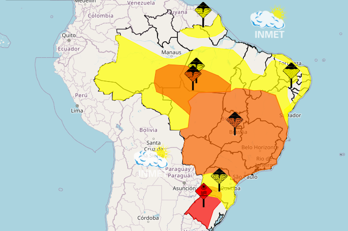 Alertas do Inmet pelo Brasil, com destaque para alerta vermelho para onda de calor sobre o Rio Grande do Sul