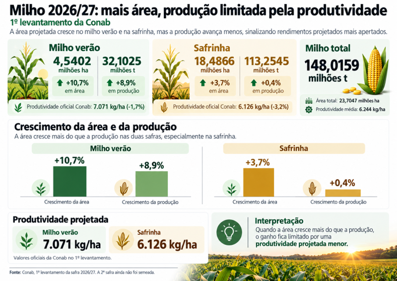 Imagem com os dados nacionais de área, produção e produtividade das duas safras, além dos percentuais de variação em relação a 2025/26